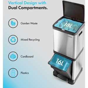 34L Vertical Kitchen Bin with 2 Compartments - Silver by VonHaus