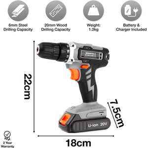 Cordless Drill 20V Li-Ion Fast Charge Electric Screwdriver - Grey by Terratek