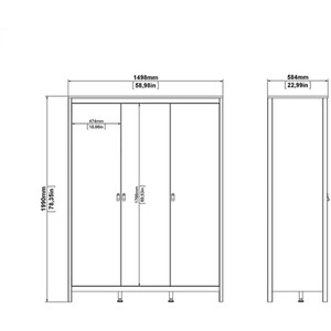 Madrid 3 Piece Bedroom Set - White / 1 x 2-drawer bedside table, 1 x 5-drawer chest of drawers and 1 x 3-door wardrobe