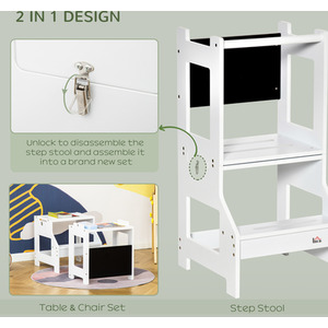 HOMCOM 2-in-1 Kids Step Stool, Toddler Table and Chair Set - White by HOMCOM