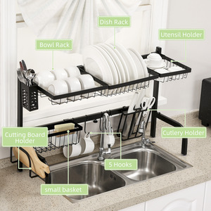 HOMCOM Space Saving 2 Tier Adjustable Over The Sink Dish Drying Rack - Black by HOMCOM