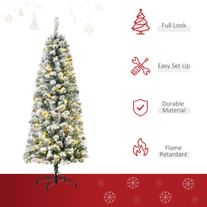 HOMCOM Prelit Artificial Snow Flocked Christmas Tree with LED Light - Green, White / 5ft by HOMCOM