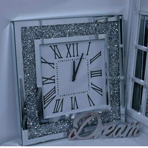 Crushed Diamante Square Wall Clock - Silver by Biznest