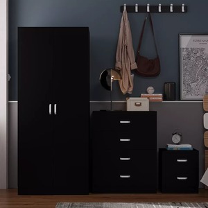 3 Piece Wardrobe Set Bedside 4 Drawer Cabinet Bedroom Furniture - Black by Wyld and Coco