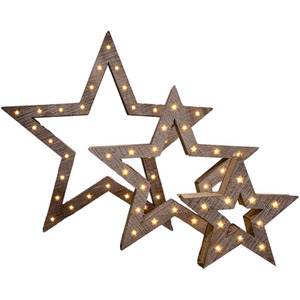 Set of 3 Wooden Christmas Stars with Warm White LEDs - Brown by Samuel Alexander