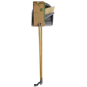 Bamboo Long Handle Dustpan and Bristle Brush Set - Orange by JVL