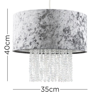Silver Velvet Cylinder Ceiling Pendant Light Shade With Clear Acrylic Droplets - Silver by ValueLights