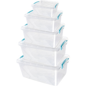Set of 5 Plastic Clip Lidded Storage Boxes - Clear by JVL