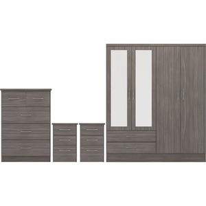 Nevada 4 Door 2 Drawer Mirrored Wardrobe Bedroom Set - Black Wood Grain by Seconique
