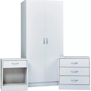3 Piece Set 2 Door Wardrob Bedside Table and 3 Drawer Chest of Drawers - White by Wyld and Coco