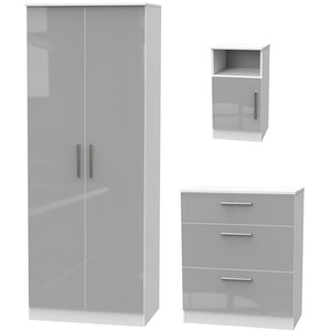 Contrast Ready Assembled 3 Piece Bedroom Set - Light Grey / White / Gloss Finish and Matt Finish