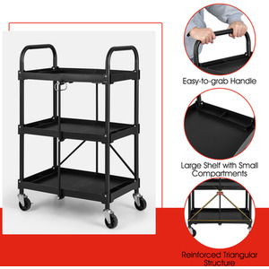3-Tier Folding Trolley Cart - Black by Costway