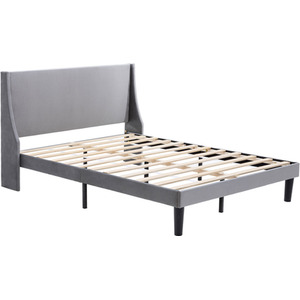Upholstered Bed with Winged Headboard, Wood Slat Support - Grey by Abrihome