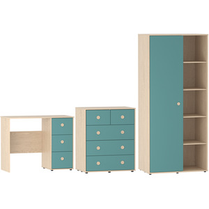Neptune 3 Piece Bedroom Set - Desk, 5 Drawer Chest, Wardrobe - Blue and Oak / MDF by Vida Designs