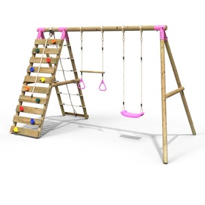 Wooden Double Swing Set with Trapeze Bar and Climbing Wall - Savannah by Rebo