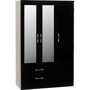 Nevada 3 Door 2 Drawer Mirrored Wardrobe Bedroom Set - Black Gloss by Seconique