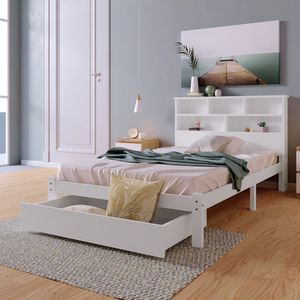 Wooden Storage Bed with shelves and Underbed Drawer - White / 100cm by Abrihome