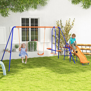 Outsunny 4 in 1 Garden Swing Set with Double Swings Glider Slide Ladder - Orange by Outsunny
