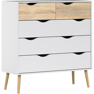 Oslo 3 Piece Bedroom Set - White and Oak / 1 x single drawer bedside, 1 x 5-drawer chest of drawers and 1 x 3-door 3-drawer wardrobe