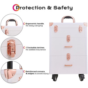 Professional PU Leather 3in1 Makeup Case with Wheels - Rose Gold + White by Livingandhome