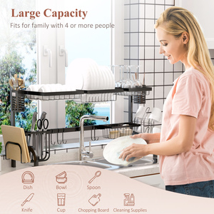 HOMCOM Space Saving 2 Tier Over The Sink Dish Drainer Rack - Black / 30cm / 100cm by HOMCOM