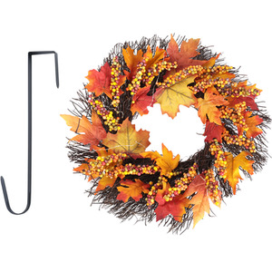 Maple Leaves Rattan Wreath with Berries and Lights - Orange by Livingandhome
