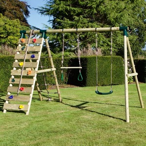 Wooden Double Swing Set with Trapeze Bar and Climbing Wall - Savannah by Rebo
