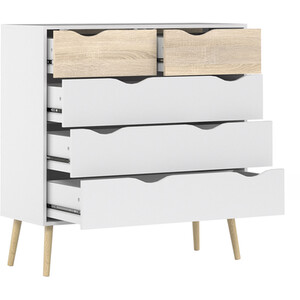 Oslo 3 Piece Bedroom Set - White and Oak / 1 x single drawer bedside, 1 x 5-drawer chest of drawers and 1 x 3-door 3-drawer wardrobe