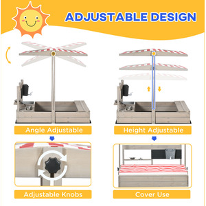 Outsunny Kids Wooden Sandbox with Canopy, Kitchen Toys, Seat, Storage - Grey by Outsunny