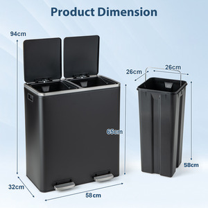 60L Double Rubbish Bin - Black by Costway