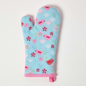 Birds and Flowers Pink Cotton Oven Glove - Pink by Homescapes