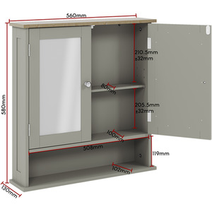 Priano 2 Door Mirrored Wall Cabinet With Shelf - Light Grey by Vida Designs