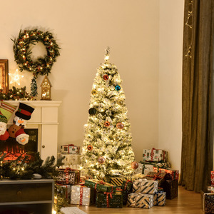 HOMCOM Prelit Artificial Snow Flocked Christmas Tree with LED Light - Green, White / 5ft by HOMCOM