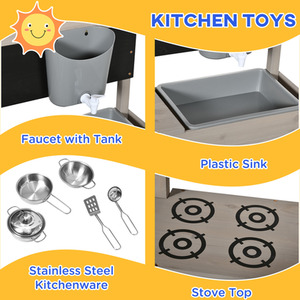 Outsunny Kids Wooden Sandbox with Canopy, Kitchen Toys, Seat, Storage - Grey by Outsunny