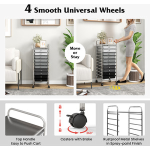 10 Drawer Rolling Storage Cart - Black by Costway
