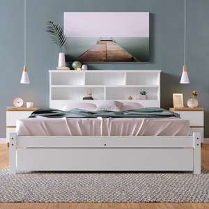 Wooden Storage Bed with shelves and Underbed Drawer - White / 145cm by Abrihome
