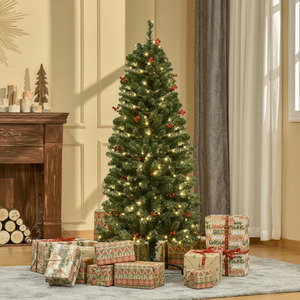 HOMCOM Prelit Artificial Pencil Christmas Tree with LED Light, Red Berry - Green / 5ft by HOMCOM