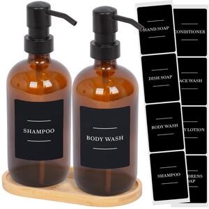 2pc Glass Soap Dispenser Set with Bamboo Tray Labels - 500ml - Black - Orange by Harbour Housewares