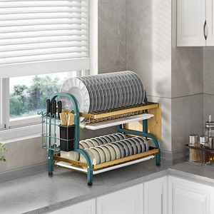 Double-Tier Carbon Steel Dish Rack - Green by komore