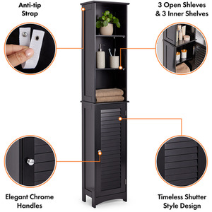 Shrewsbury Tall Bathroom Cabinet with Shutter Style Door - Black by VonHaus