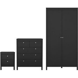 Madrid 3 Piece Bedroom Set - Matt Black / 1 x 2-drawer bedside table, 1 x 5-drawer chest of drawers and 1 x 2-door wardrobe