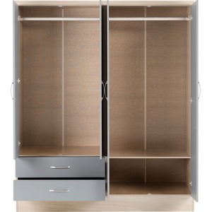 Nevada 4 Door 2 Drawer Mirrored Wardrobe Bedroom Set - Grey Gloss, Light Oak by Seconique