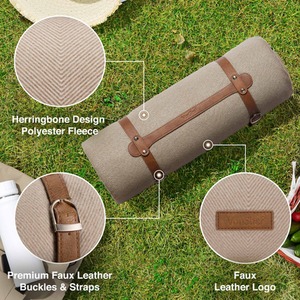 Picnic Blanket with Faux Leather Carry Handle - Beige / 180cm by VonShef