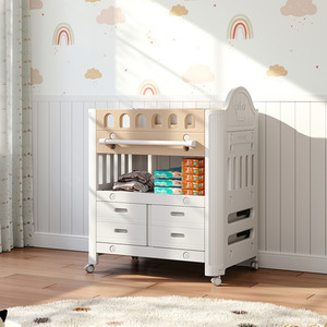 Mobile Baby Diaper Changing Unit with 4 Drawers and Storage Shelf - Beige & Coffee by komore