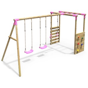Wooden Swing Set with Trapeze, Climbing Wall and Monkey Bars - Comet by Rebo