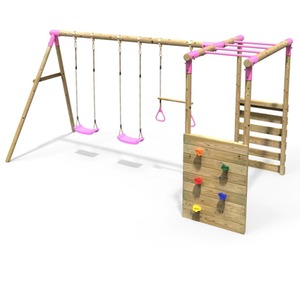 Wooden Swing Set with Trapeze, Climbing Wall and Monkey Bars - Comet by Rebo
