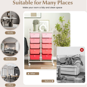 Storage Rolling Cart with 10-Drawer - Pink by Costway