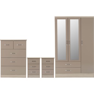 Nevada 3 Door 2 Drawer Mirrored Wardrobe Bedroom Set - Oyster, Light Oak by Seconique