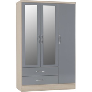 Nevada 3 Door 2 Drawer Mirrored Wardrobe Bedroom Set - Grey Gloss, Light Oak by Seconique