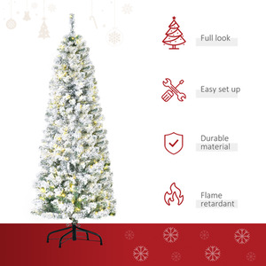 HOMCOM Prelit Artificial Snow Flocked Christmas Tree with LED Light - Green, White / 6ft by HOMCOM